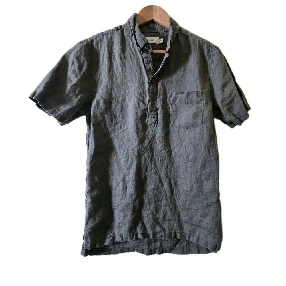 Onia Slate Gray Short Sleeve Button-Down Linen Shirt